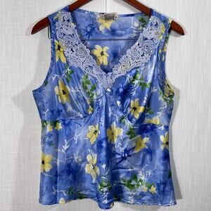 Notations Vintage Satin Floral Lace Sleeveless‎ Blouse Top Size L